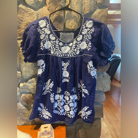 embroidered Mexican blouse M blue and white - Picture 2 of 2